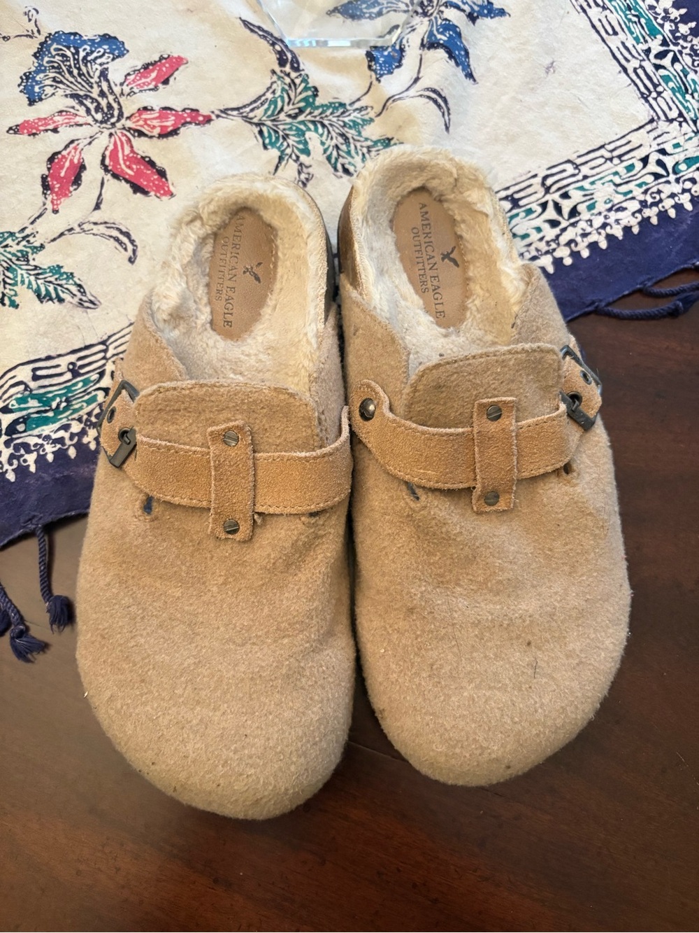 American Eagle Outfitters' Tan Fleece Slip-On Clogs with Faux Fur